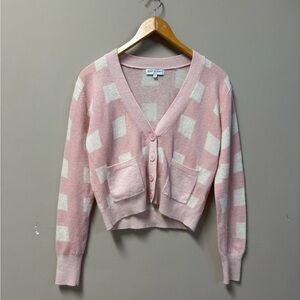 Scott & Scott London Pink and White Checkered Crop Waist Length V Neck Cardigan